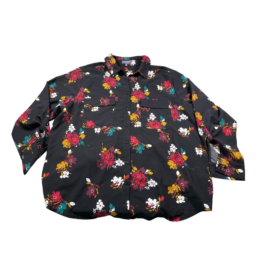 Madison Plus 3X Black Floral Button‎ Front Blouse Roll Tab Sleeve Curvy Top